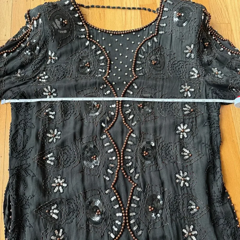 Vintage JLB Silk Black Beaded Sequin Tunic Top Size L (approx) 80's 90's Holiday - Picture 9 of 15